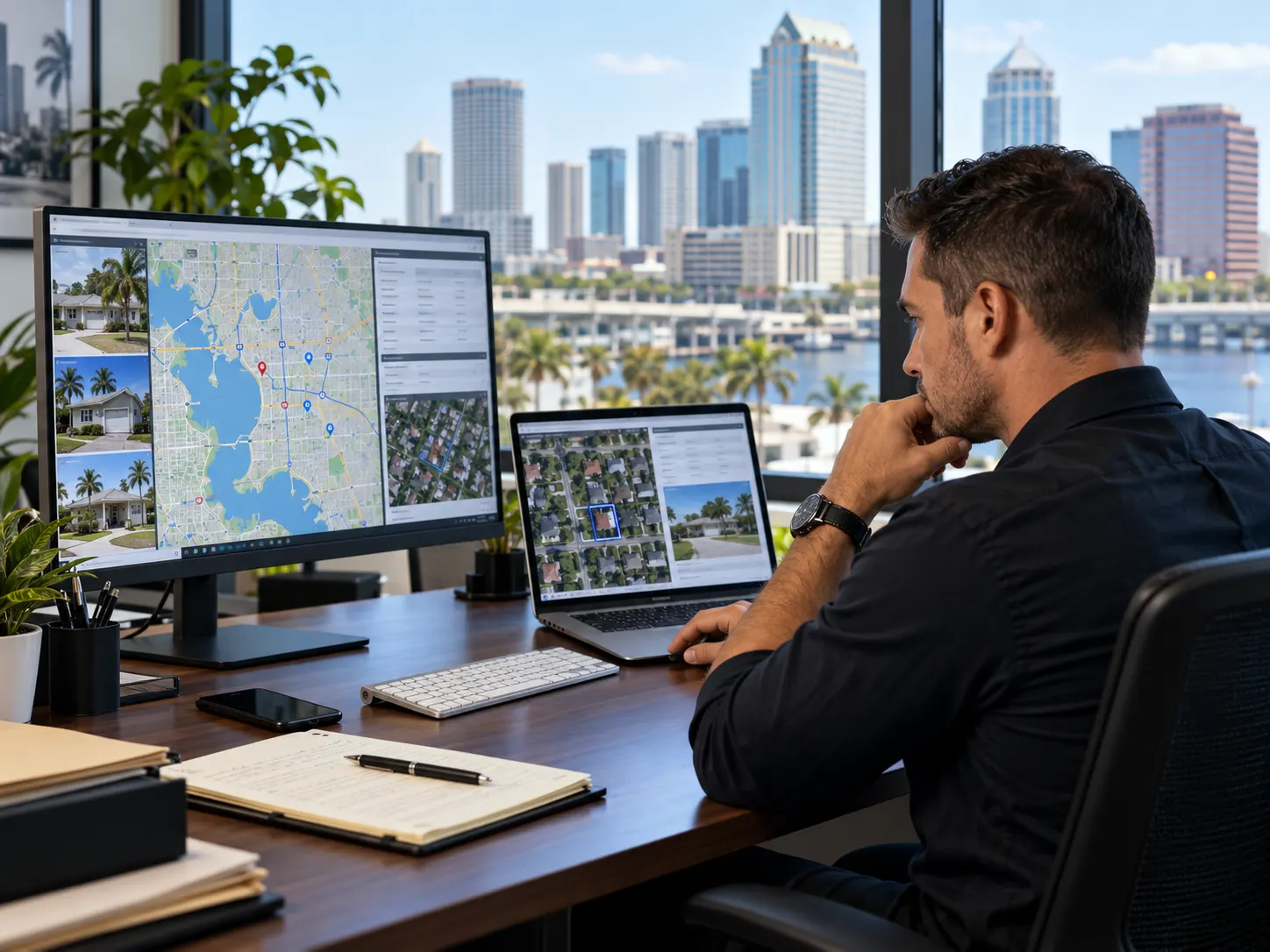 Legal support specialist reviewing maps and address information for skip tracing
