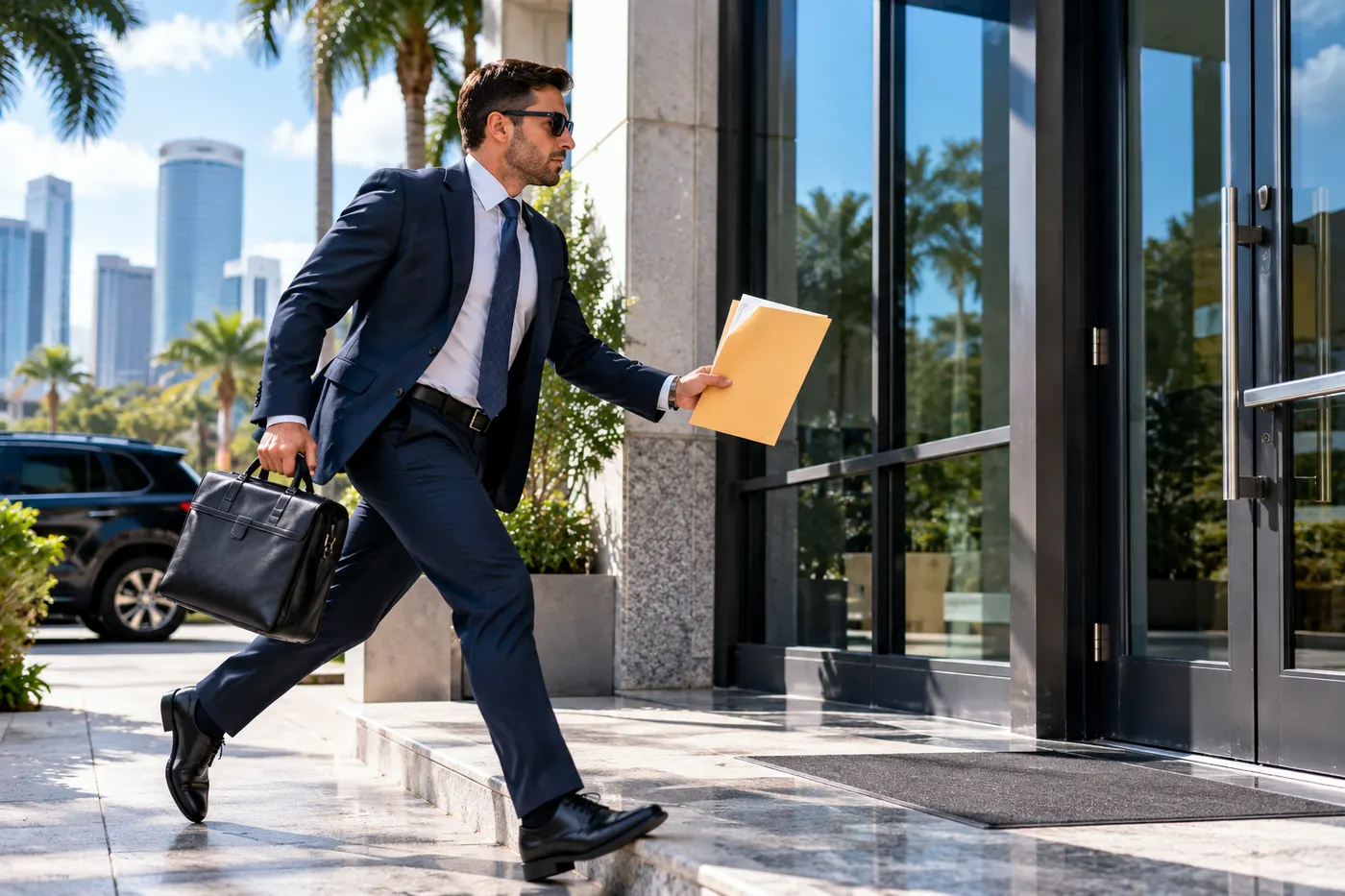 Process server carrying legal documents toward a business entrance