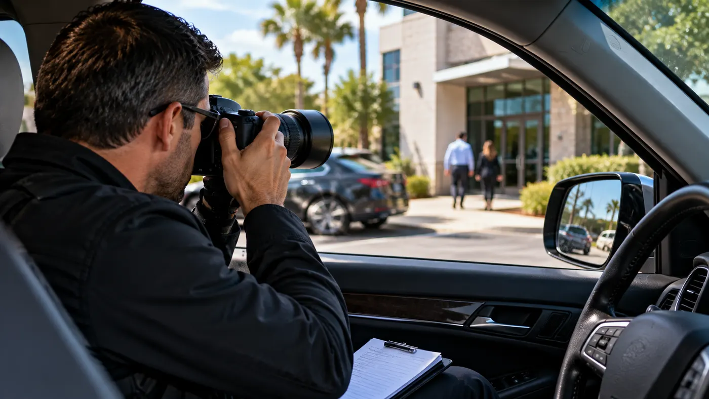 Professional surveillance observer documenting activity from a vehicle
